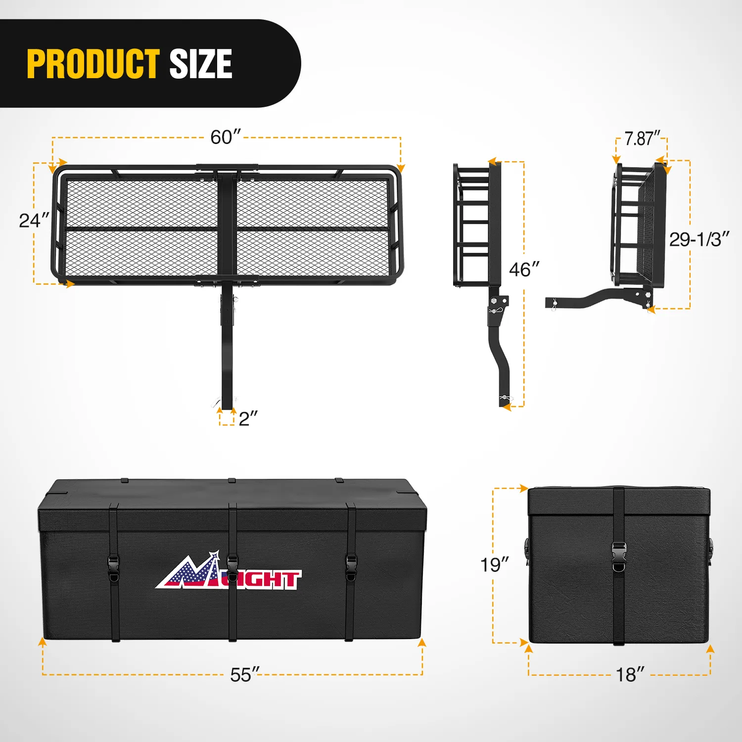 60 x 24 x 7.87 Inch Hitch Cargo Carrier Fits 2-Inch Receiver With Waterproof Cargo Bag Cargo Net Ratchet Straps