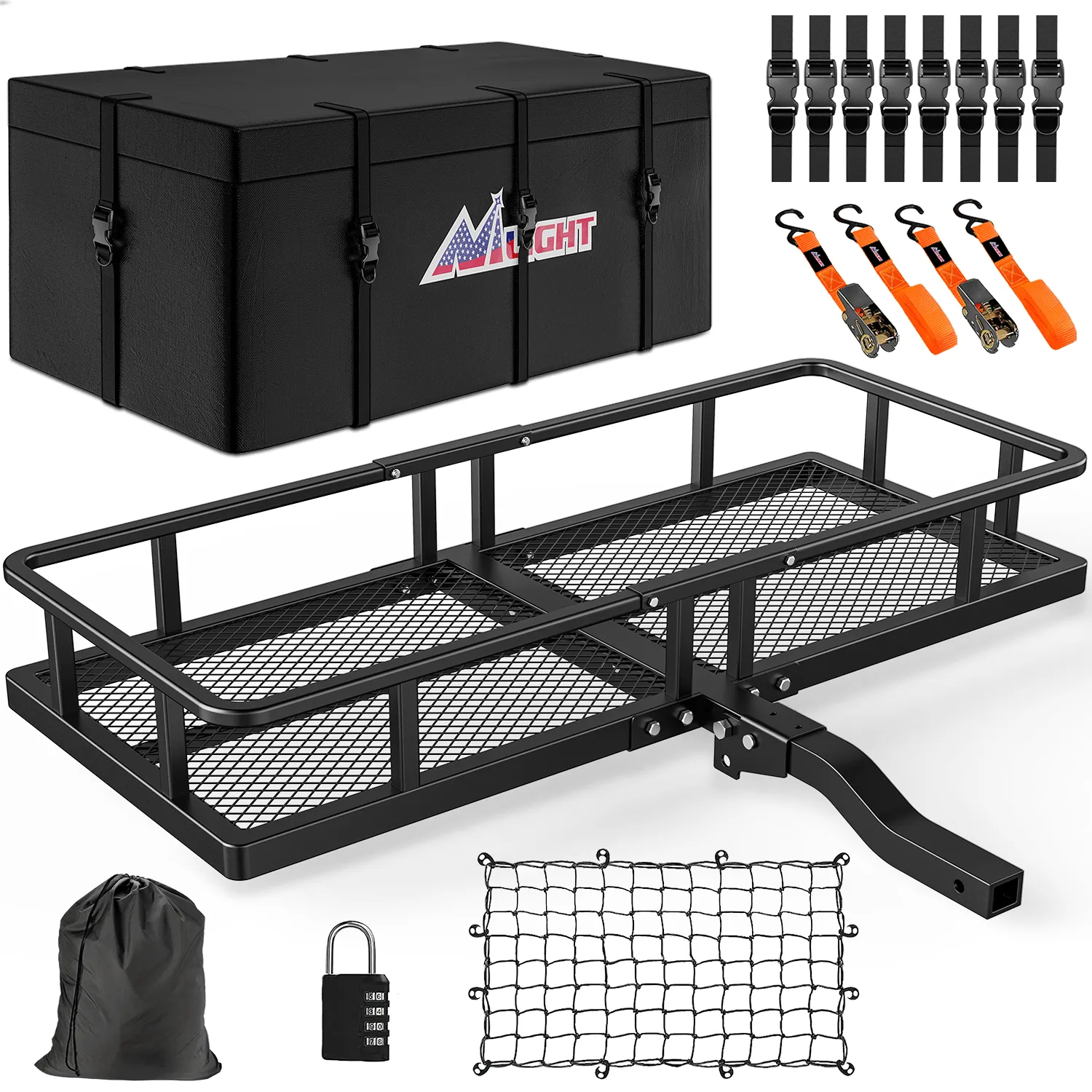 60 x 24 x 7.87 Inch Hitch Cargo Carrier Fits 2-Inch Receiver With Waterproof Cargo Bag Cargo Net Ratchet Straps