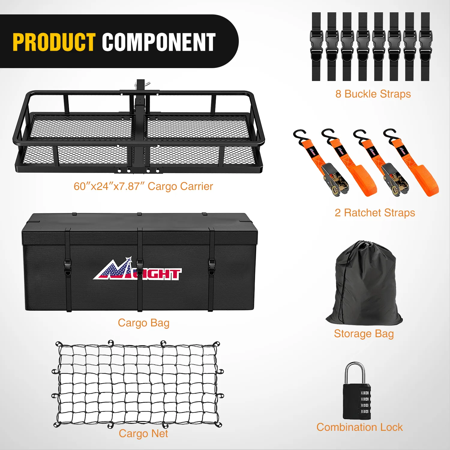 60 x 24 x 7.87 Inch Hitch Cargo Carrier Fits 2-Inch Receiver With Waterproof Cargo Bag Cargo Net Ratchet Straps