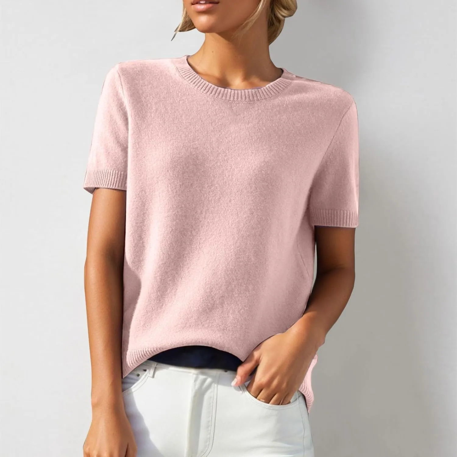 Cashmere Sweaters for Women 2024 Casual Crew Neck Loose Fit Short Sleeve Sweater Cashmere Blend Trendy 2024