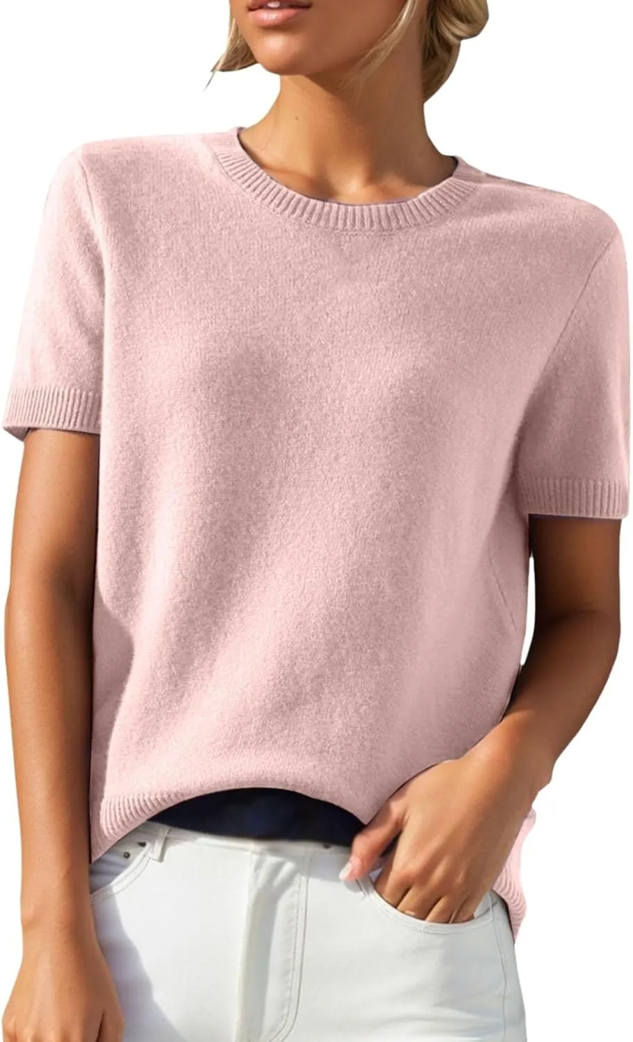 Cashmere Sweaters for Women 2024 Casual Crew Neck Loose Fit Short Sleeve Sweater Cashmere Blend Trendy 2024