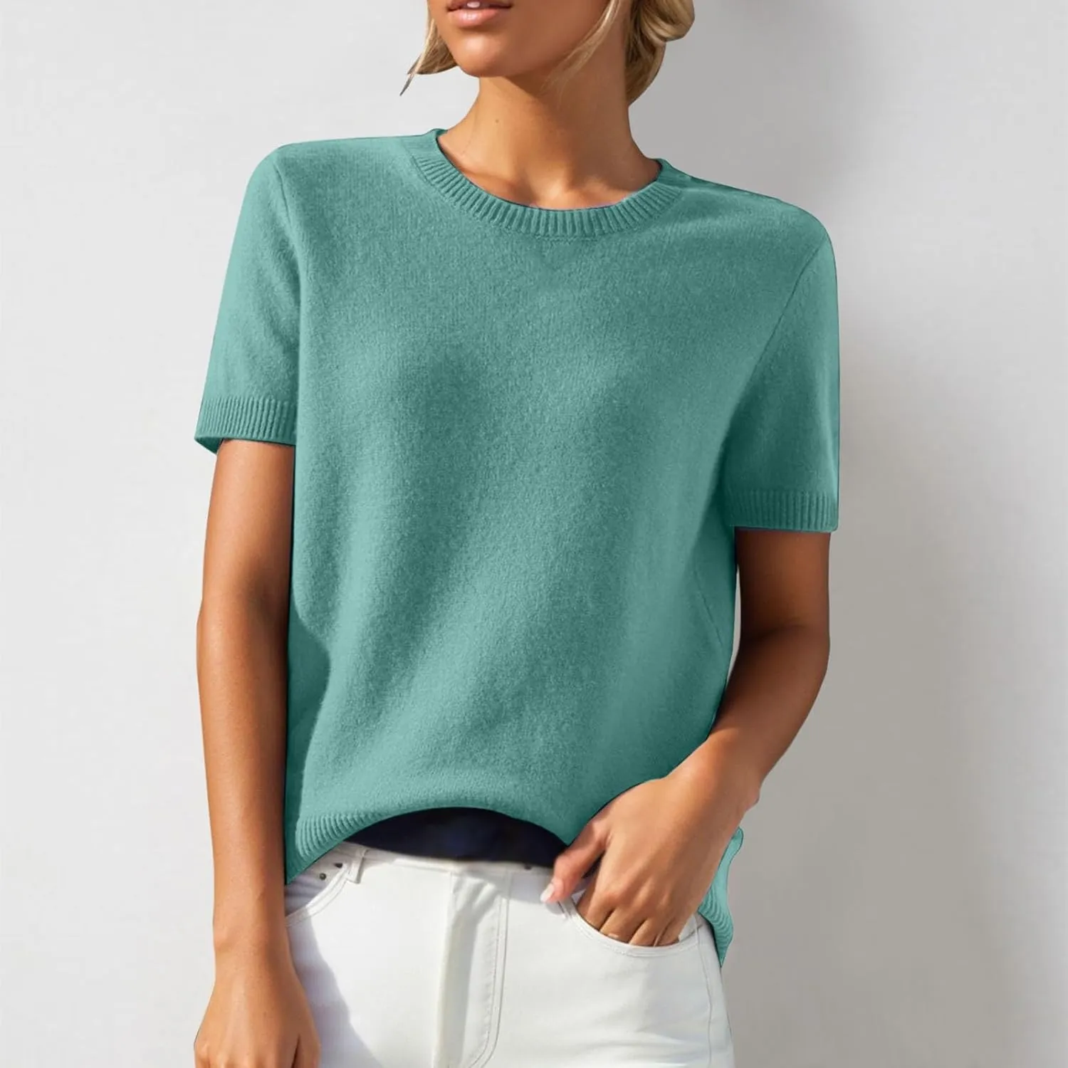 Cashmere Sweaters for Women 2024 Casual Crew Neck Loose Fit Short Sleeve Sweater Cashmere Blend Trendy 2024