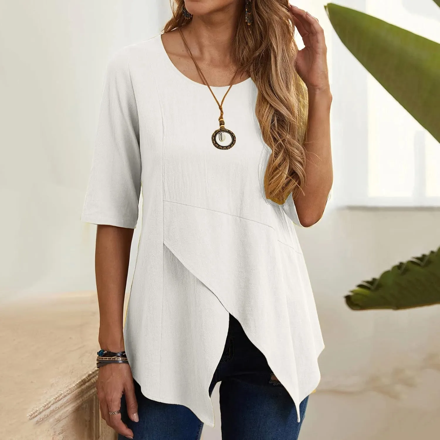 DASAYO Women's Cotton Linen T-Shirts Tops Irregular Hem Flowy Round Neck Tee Shirt Plain Loose Casual Summer Tshirt Blouses