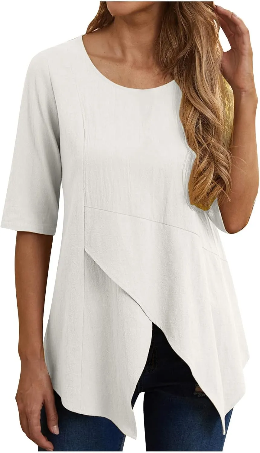 DASAYO Women's Cotton Linen T-Shirts Tops Irregular Hem Flowy Round Neck Tee Shirt Plain Loose Casual Summer Tshirt Blouses