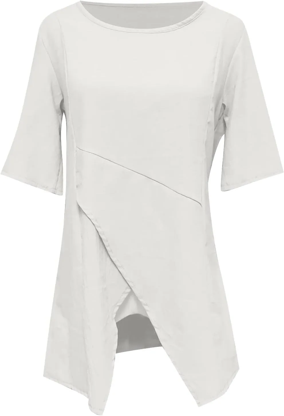 DASAYO Women's Cotton Linen T-Shirts Tops Irregular Hem Flowy Round Neck Tee Shirt Plain Loose Casual Summer Tshirt Blouses