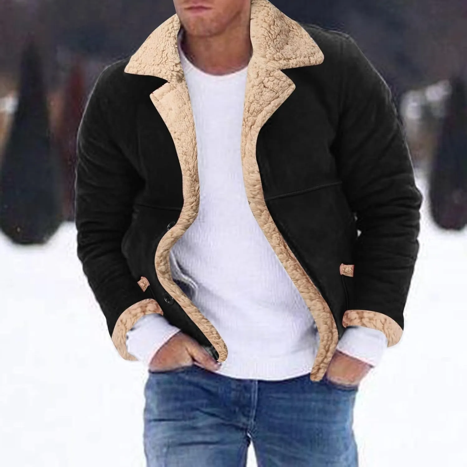 evzosrz Shearling Coat Mens Faux Leather Jackets Sherpa Fleece Lined Trench Coats Warm Winter Sheepskin Fleece Trench-Coat