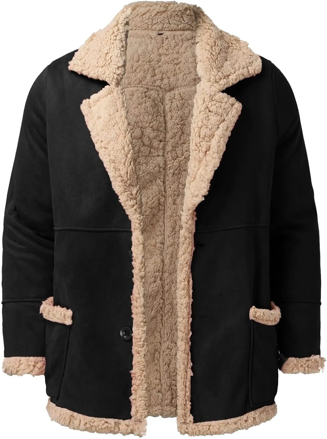 evzosrz Shearling Coat Mens Faux Leather Jackets Sherpa Fleece Lined Trench Coats Warm Winter Sheepskin Fleece Trench-Coat