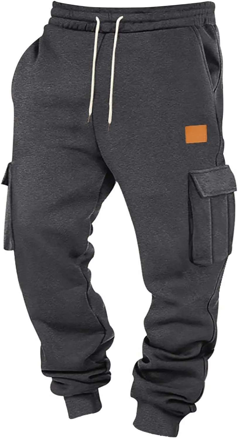 Fleece Lined Cargo Sweatpants for Men Baggy Drawstring Waist Joggers with Pockets Gym Workout Heavyweight Trousers