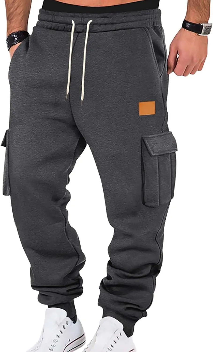 Fleece Lined Cargo Sweatpants for Men Baggy Drawstring Waist Joggers with Pockets Gym Workout Heavyweight Trousers