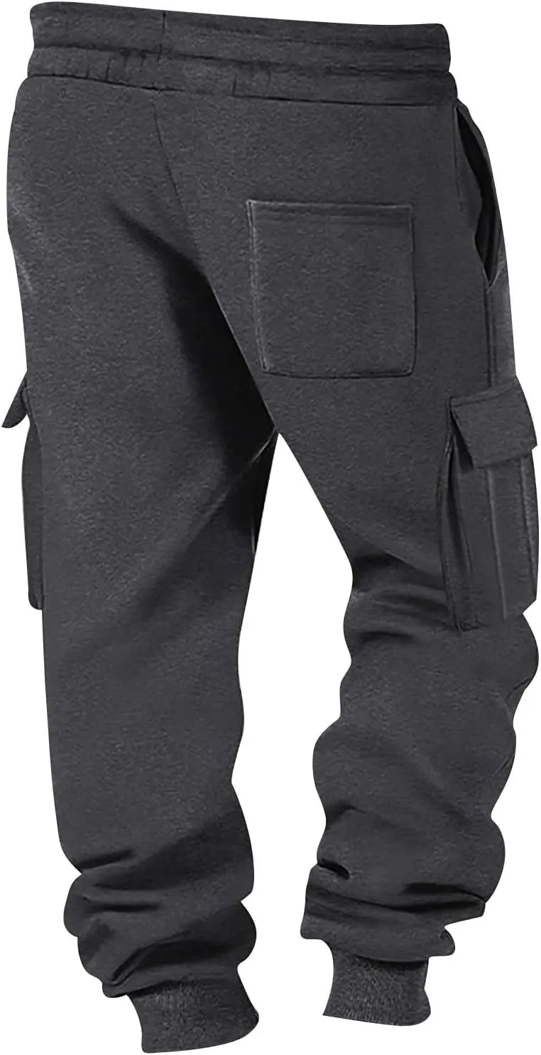 Fleece Lined Cargo Sweatpants for Men Baggy Drawstring Waist Joggers with Pockets Gym Workout Heavyweight Trousers