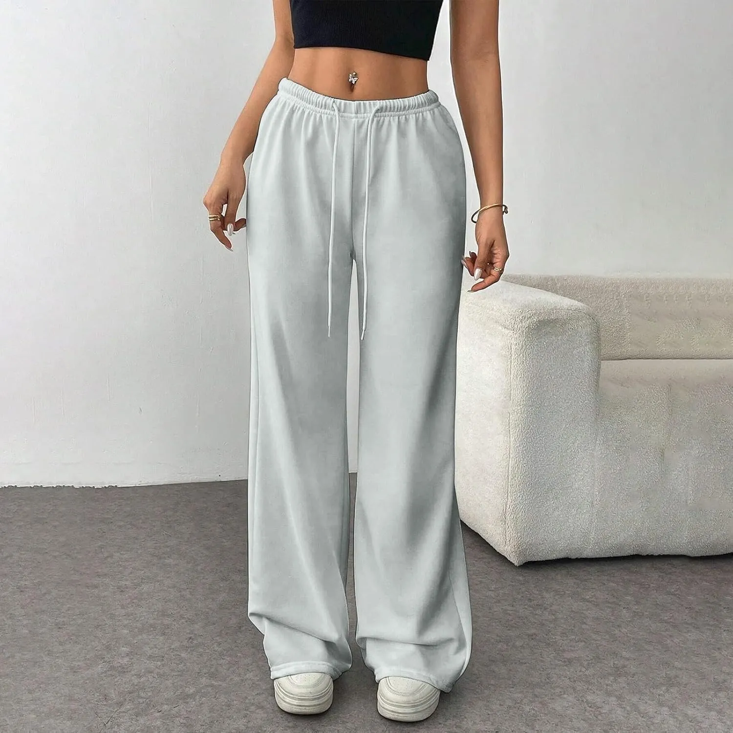 Fleece Lined Sweatpants Women Baggy High Waisted Straight Leg Trousers Drawstring Winter Warm Athletic Joggers