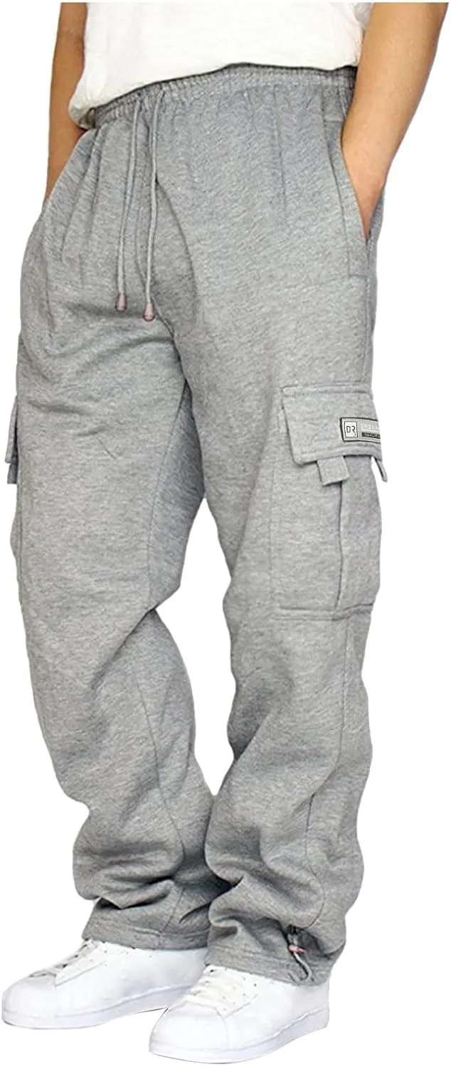 Heavy Cargo Sweatpants for Men Drawstring Baggy Jogger Cargo Pants Multi Pockets Open Bottom Athletic Workout Pants