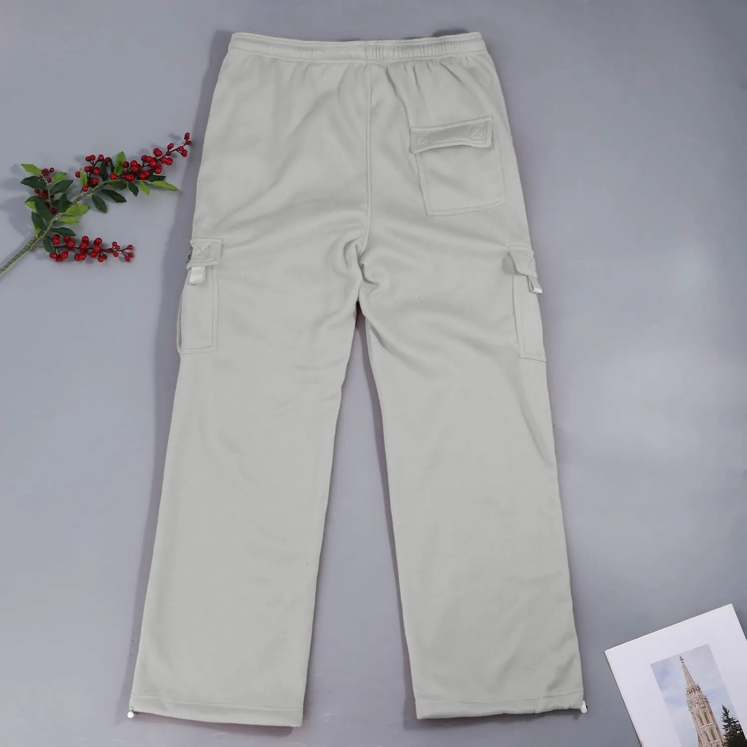 Heavy Cargo Sweatpants for Men Drawstring Baggy Jogger Cargo Pants Multi Pockets Open Bottom Athletic Workout Pants