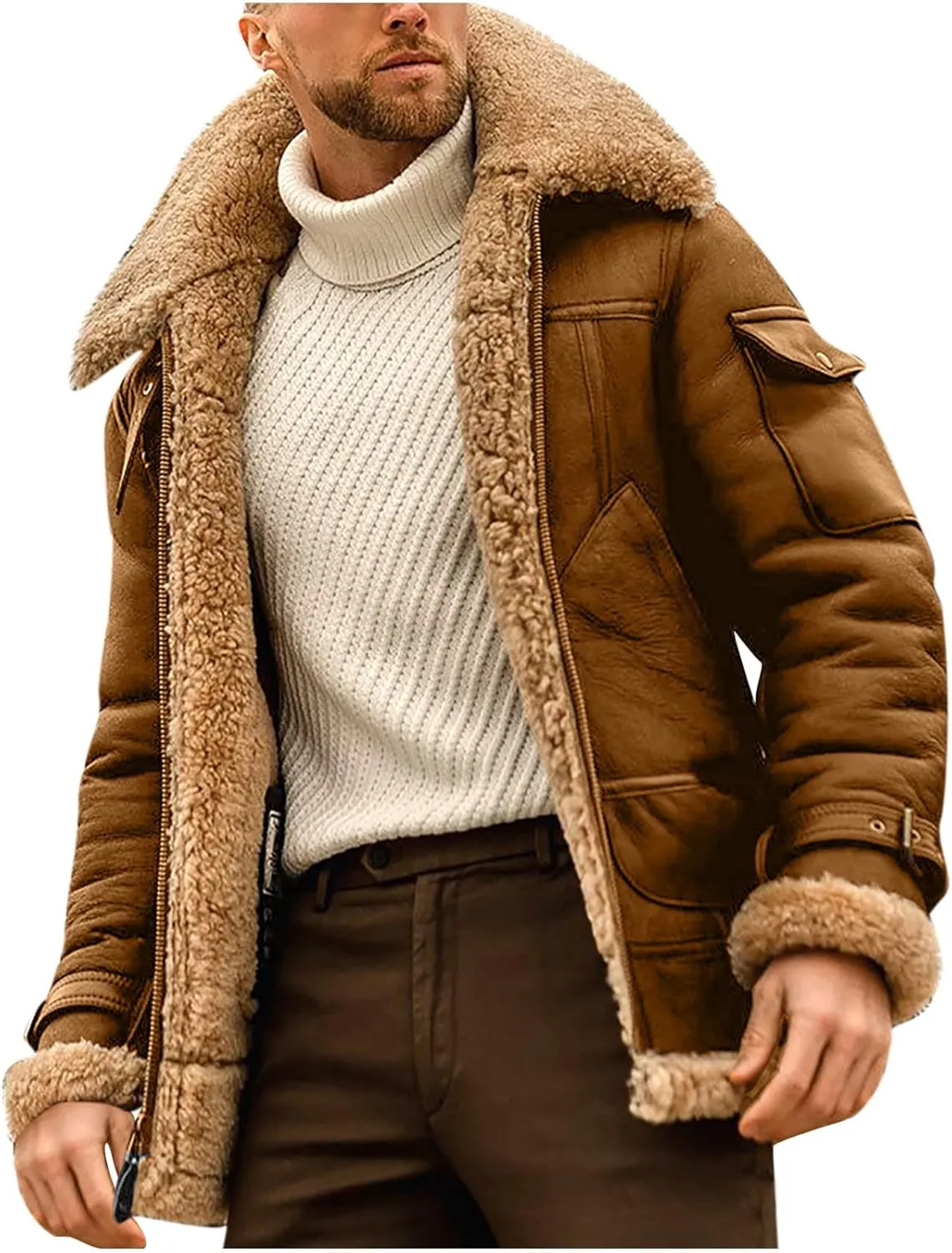 hlysgo Men's Winter Jacket Fleece Sherpa Lined Jacket Faux Suede Warm Coat Shearling Bomber Jacket with Multi Pocket