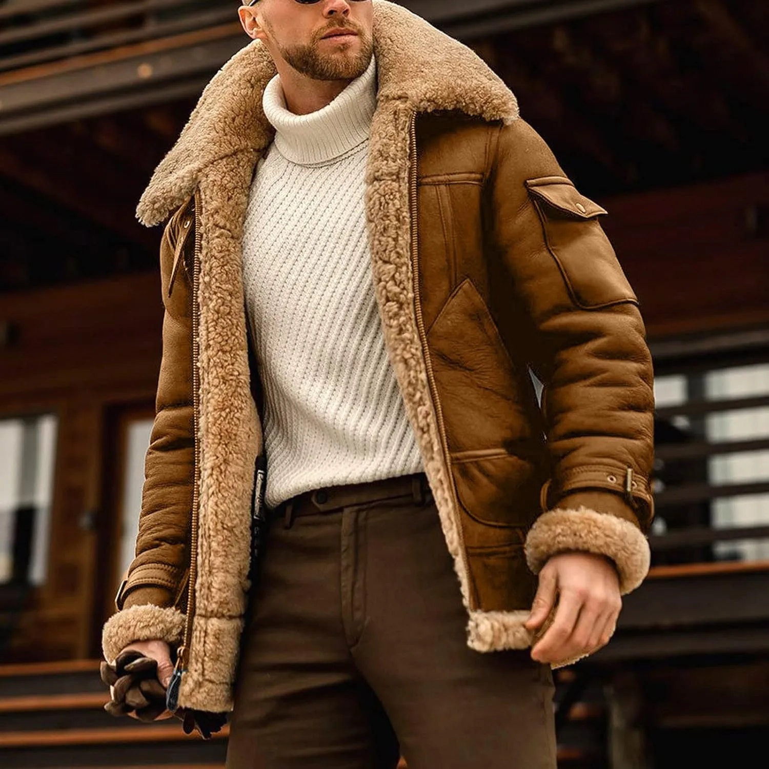 hlysgo Men's Winter Jacket Fleece Sherpa Lined Jacket Faux Suede Warm Coat Shearling Bomber Jacket with Multi Pocket