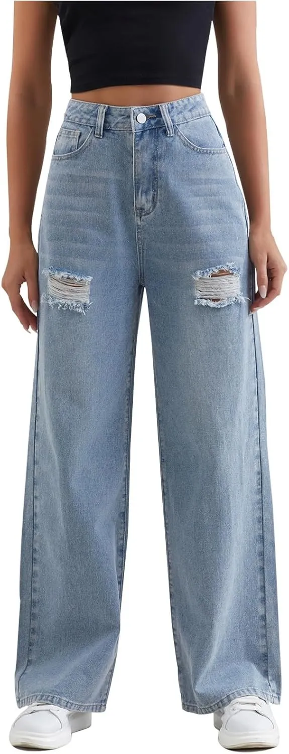 Juniors Loose Fit Denim Pants for Women Cowgirl High Cut Straight Leg Plain Long Leg Summer Fall 2025 Fashion Y2K
