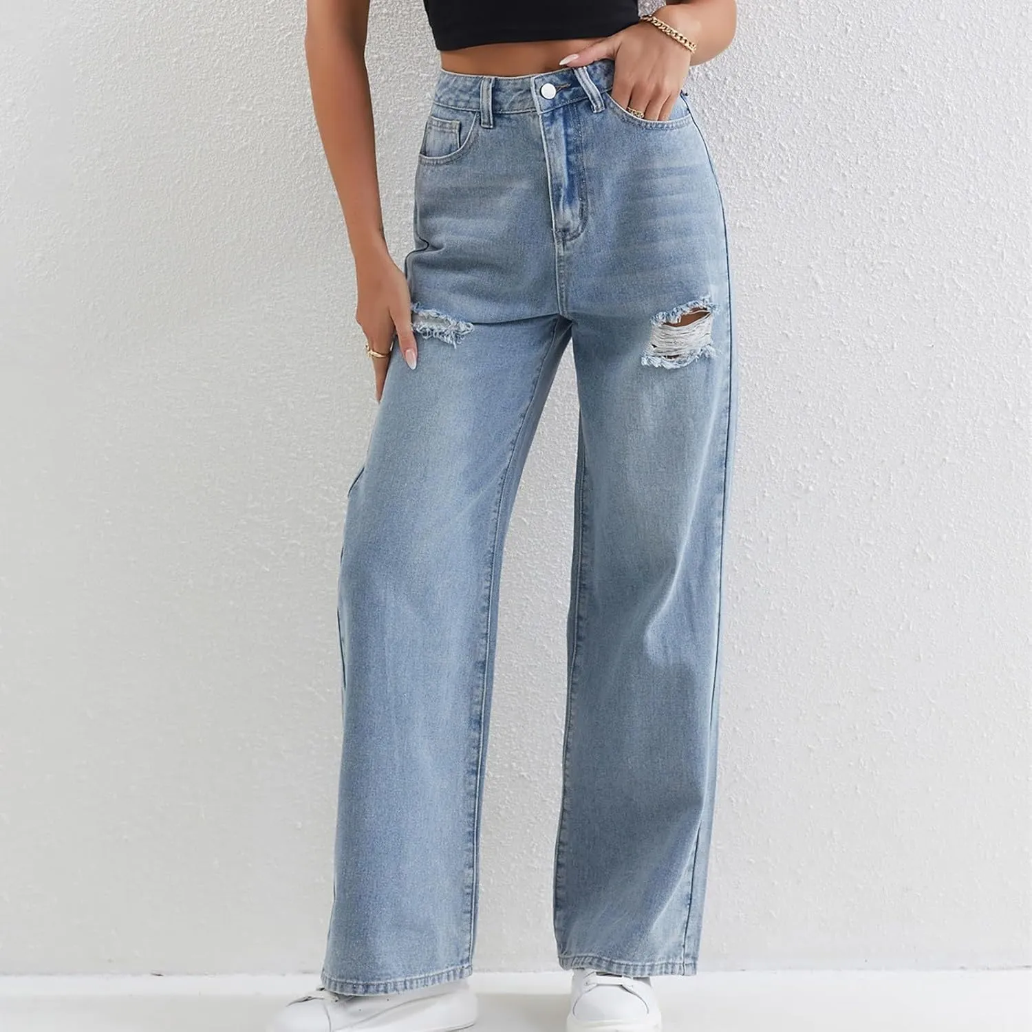 Juniors Loose Fit Denim Pants for Women Cowgirl High Cut Straight Leg Plain Long Leg Summer Fall 2025 Fashion Y2K