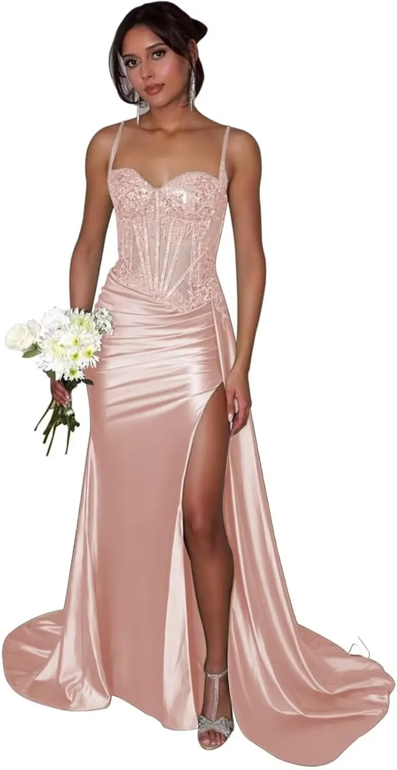 Lindo Novia Satin Mermaid Prom Dress 2025 for Women Lace Appliques Formal Gowns and Evening Dresses with Slit