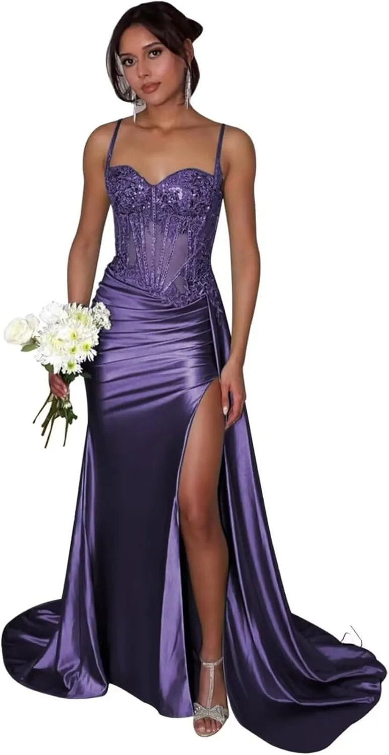 Lindo Novia Satin Mermaid Prom Dress 2025 for Women Lace Appliques Formal Gowns and Evening Dresses with Slit