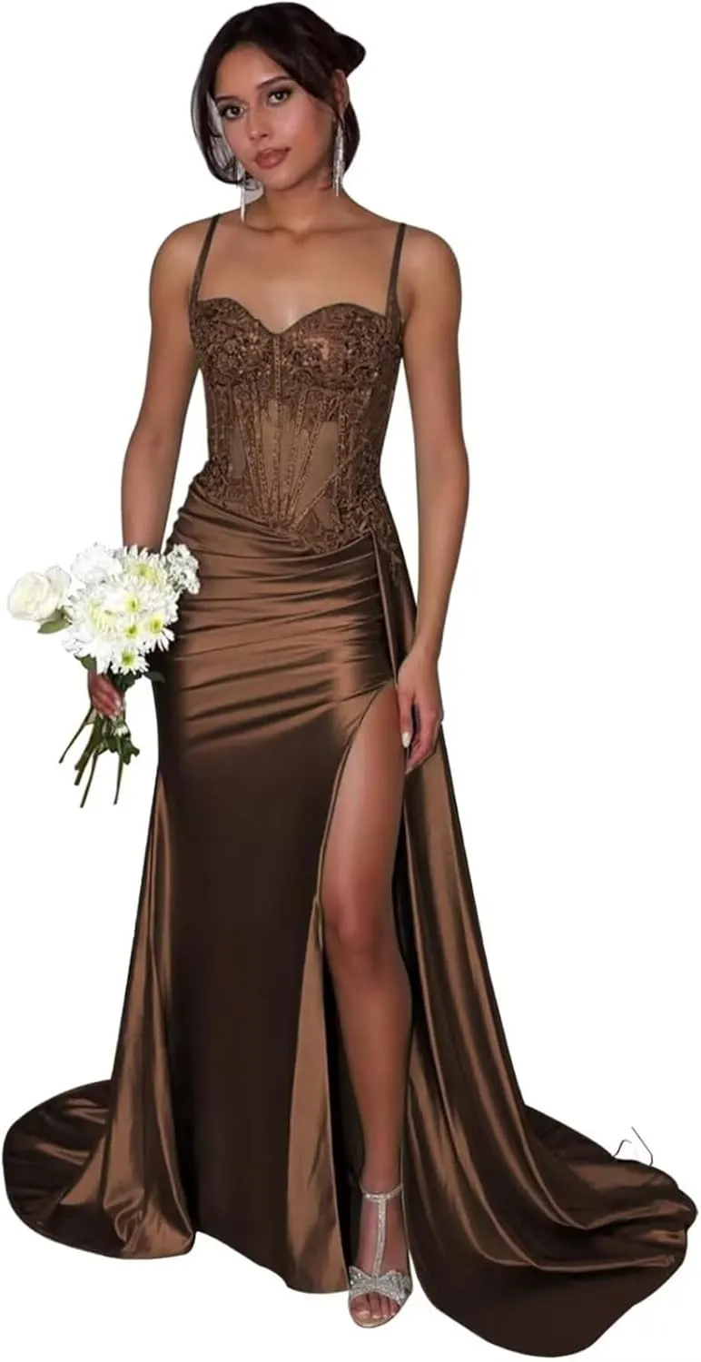 Lindo Novia Satin Mermaid Prom Dress 2025 for Women Lace Appliques Formal Gowns and Evening Dresses with Slit