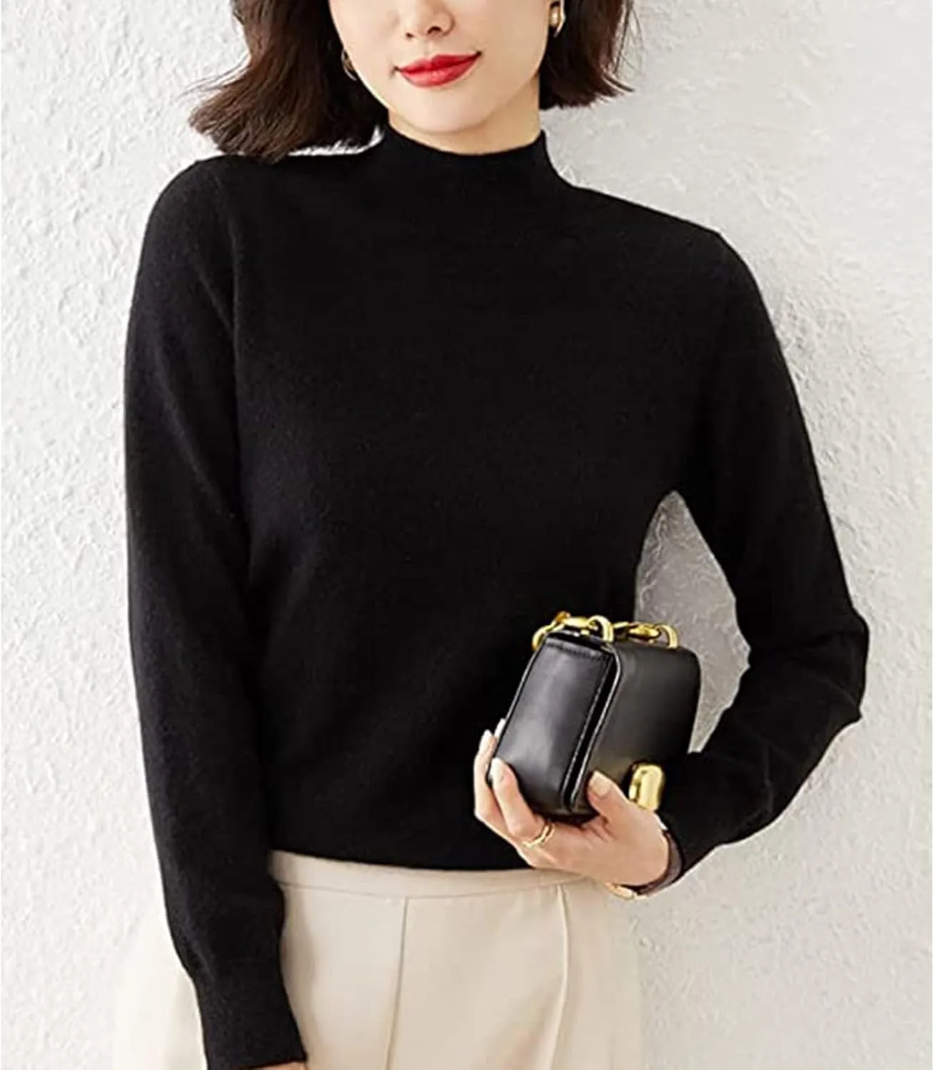 LOSD Cashmere Sweater for Women, Crewneck Solid Pullover Jumper Top