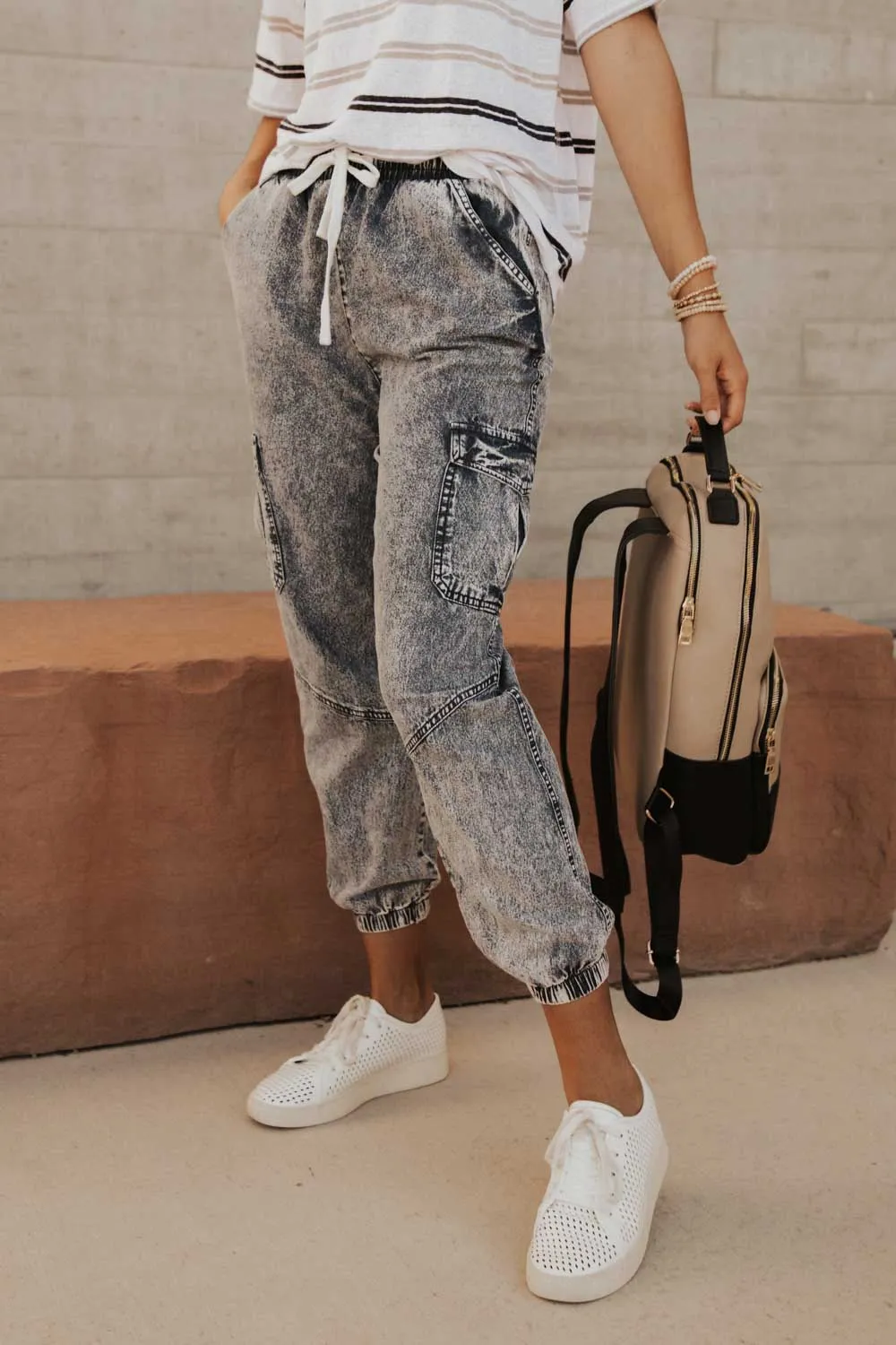 Luna Denim Cargo Joggers in Medium Wash