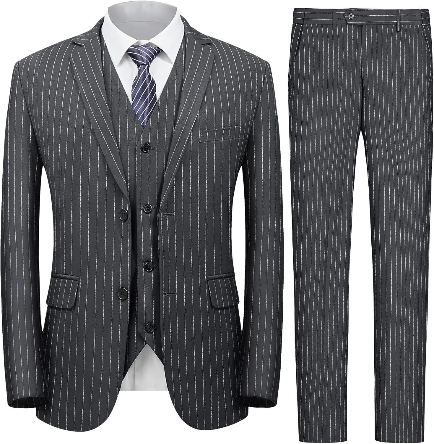 MAGE MALE Men’s Pinstripe 3 Piece Suit Slim Fit Elegant Single Breasted Business Wedding Party Blazer Vest& Pants Set