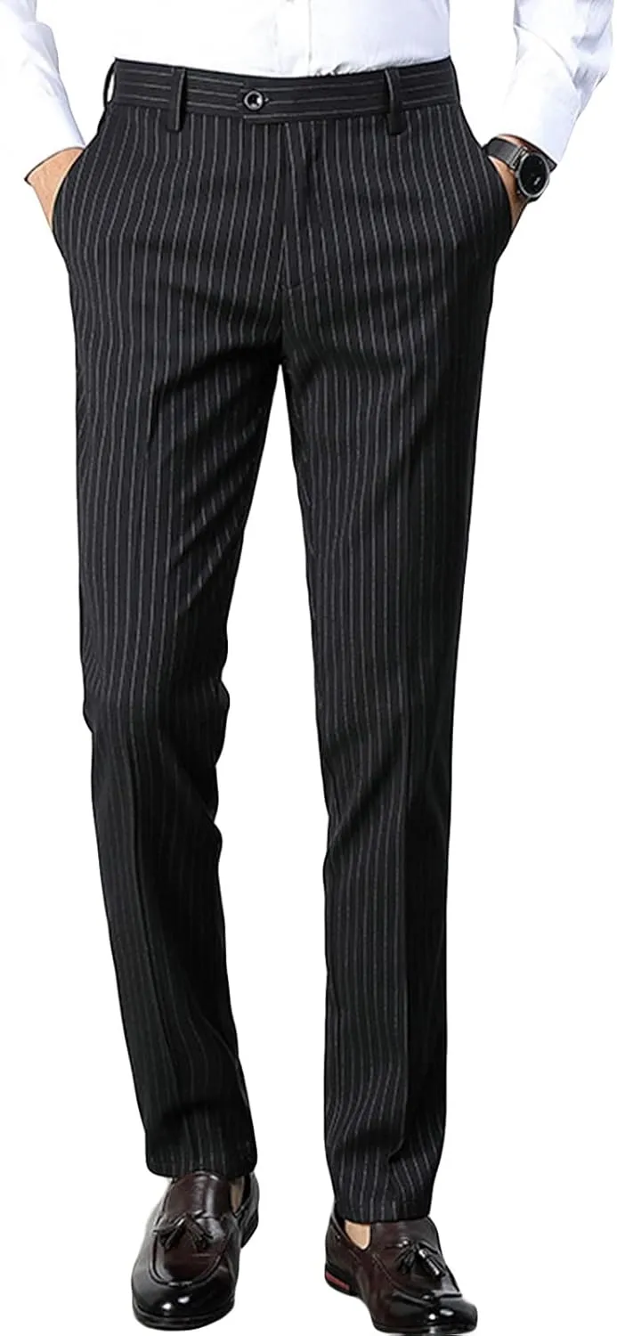 Maiyifu-GJ Men's Slim Striped Casual Tapered Pant Pinstripe Wrinkle Resistant Suit Pant Lightweight Business Dress Trousers