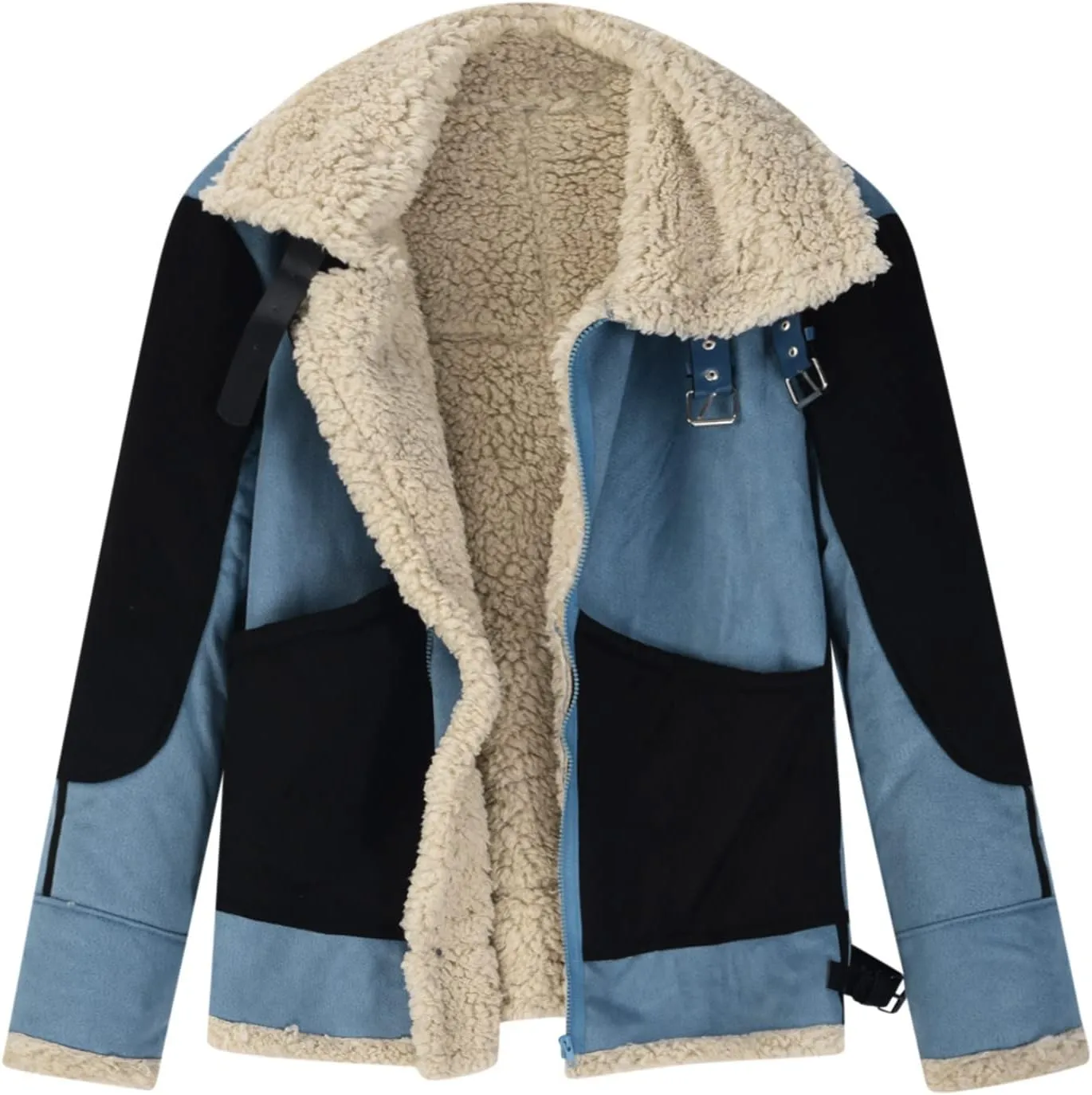 Men's Faux Leather Jacket Suede Sherpa Lined Lapel Winter Coats Fuzzy Shearling Punk Motorcycle Jackets Bomber Jacket