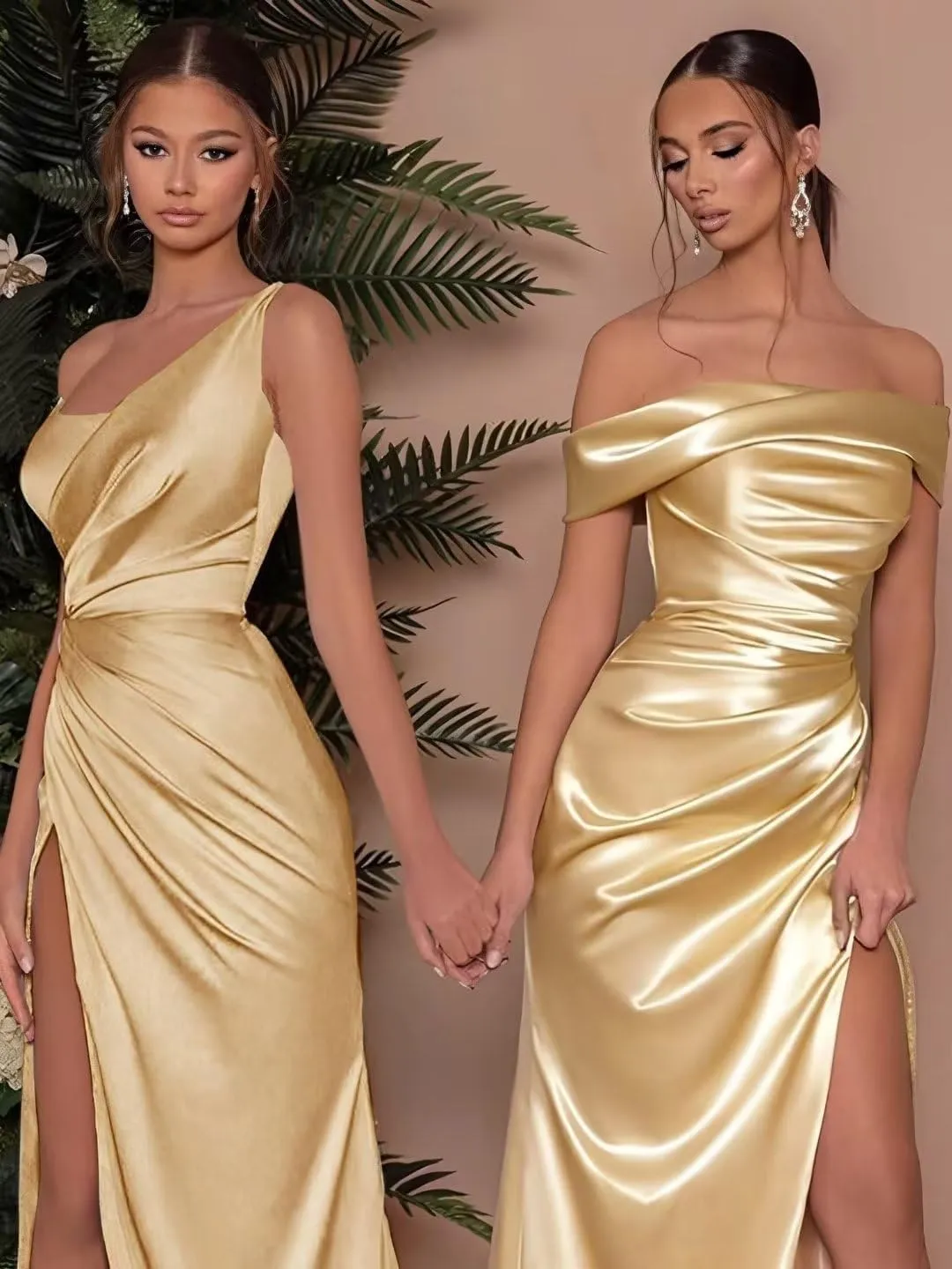 Mermaid Satin Bridesmaid Dresses Off The Shoulder Pleated Formal Evening Prom Gown Long with Slit MA40