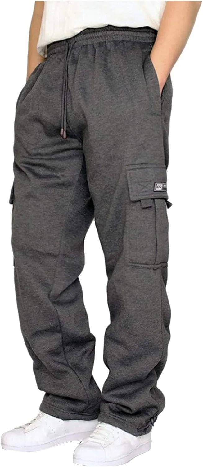 Plus Size Cargo Sweatpants for Men Casual Drawstring Waist Open Bottom Sweatpants Baggy Sweat Pants with Pockets