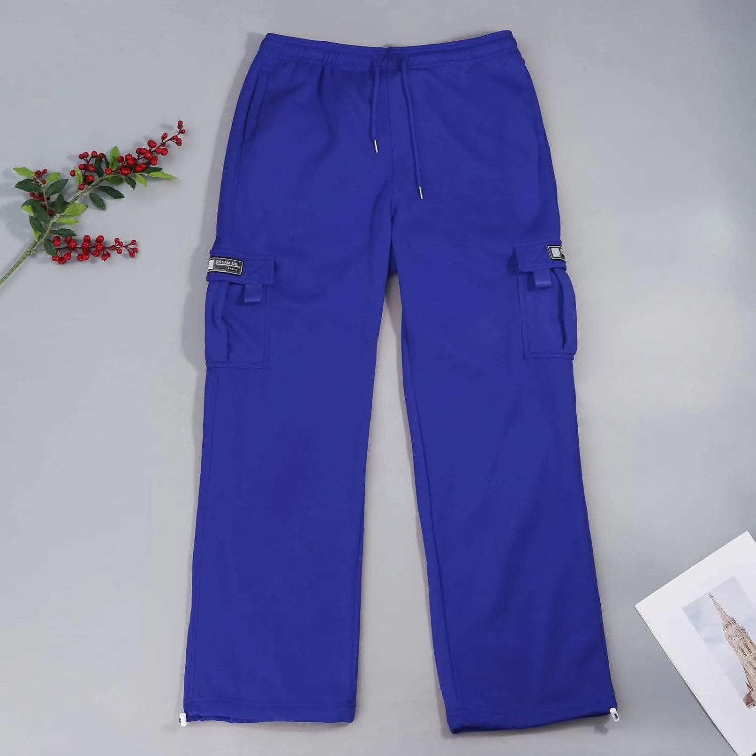 Plus Size Cargo Sweatpants for Men Casual Drawstring Waist Open Bottom Sweatpants Baggy Sweat Pants with Pockets