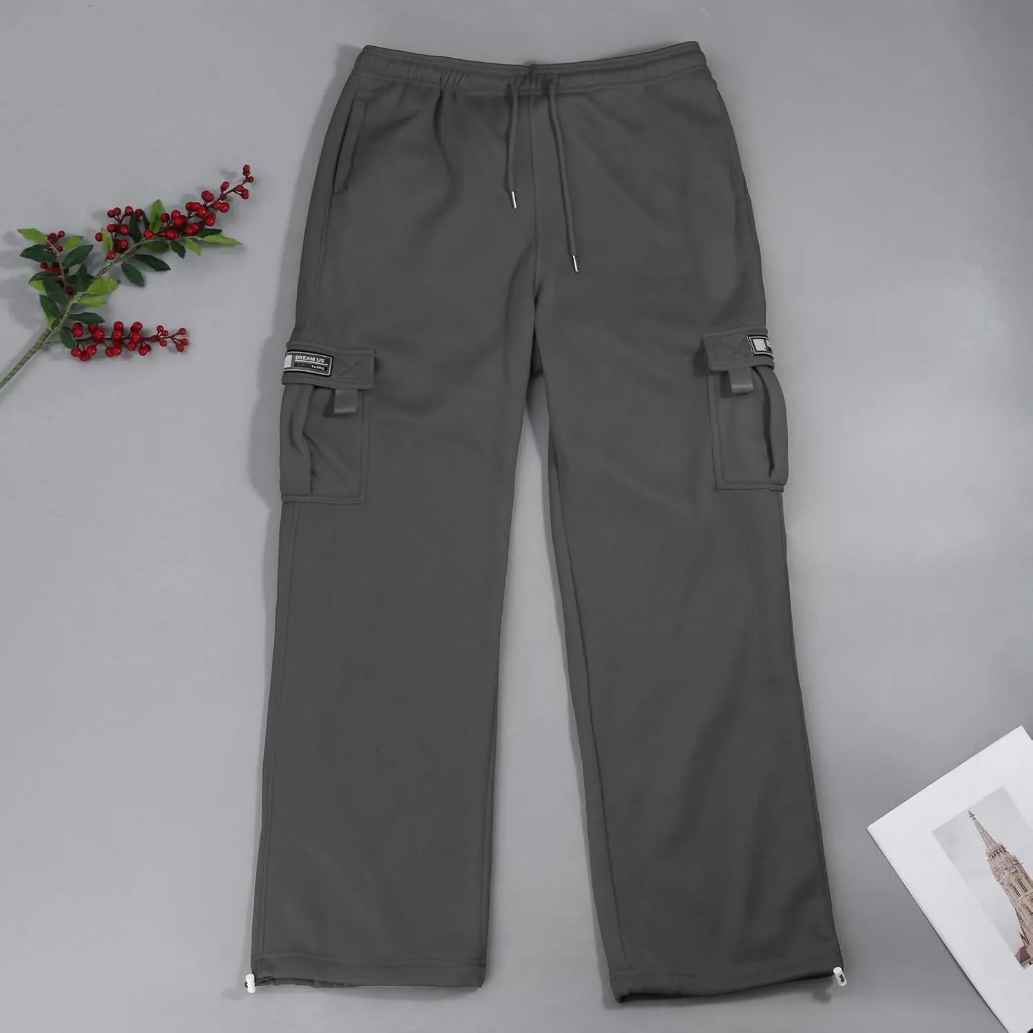 Plus Size Cargo Sweatpants for Men Casual Drawstring Waist Open Bottom Sweatpants Baggy Sweat Pants with Pockets