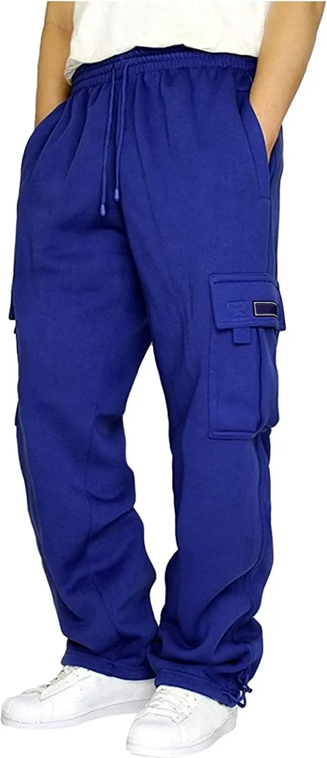 Plus Size Cargo Sweatpants for Men Casual Drawstring Waist Open Bottom Sweatpants Baggy Sweat Pants with Pockets