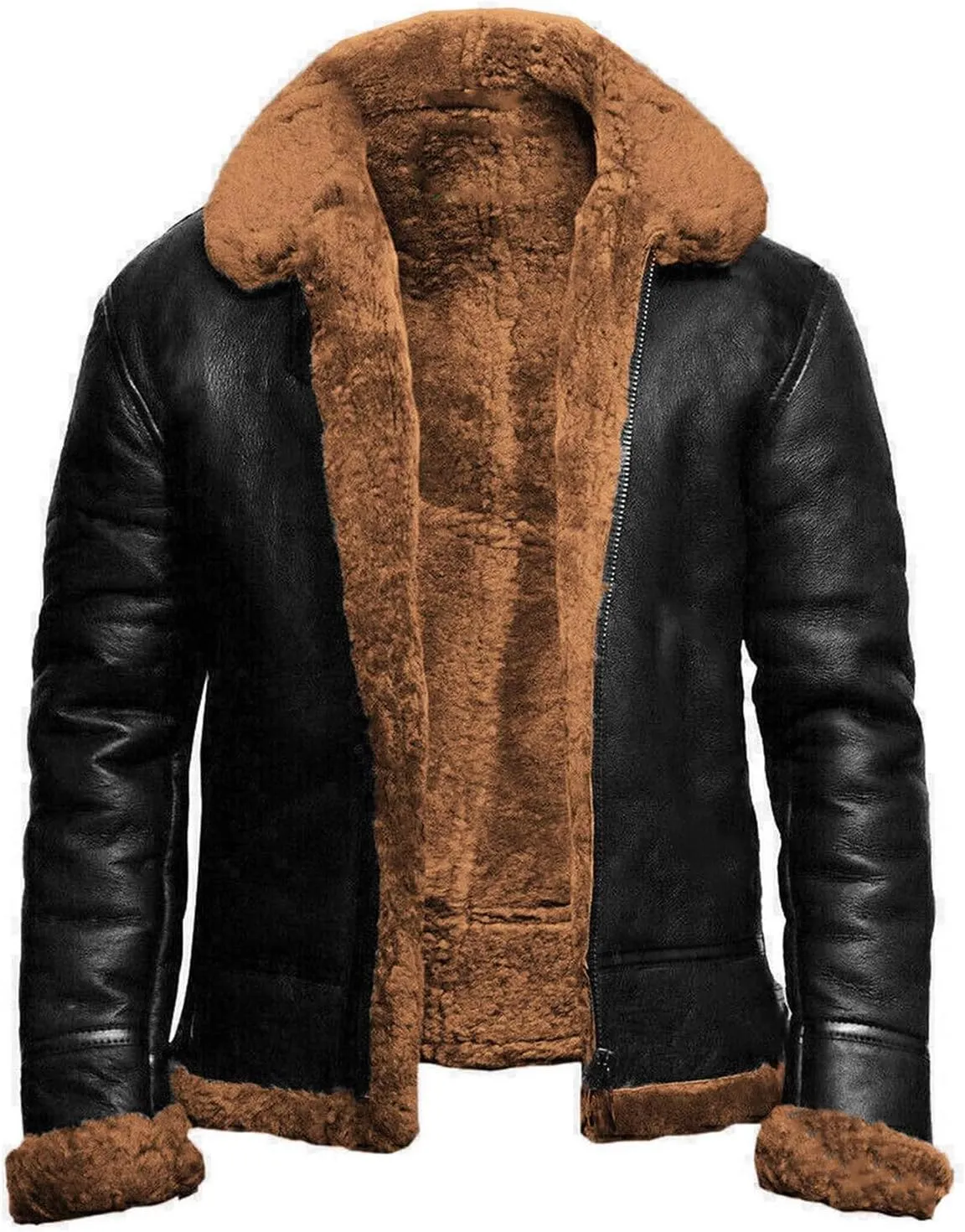 Shearling Jacket Men Faux Suede Sherpa Lined Sheepskin Jacket Aviator Flying Jacket Zip Up Bomber Winter Coat Outwear