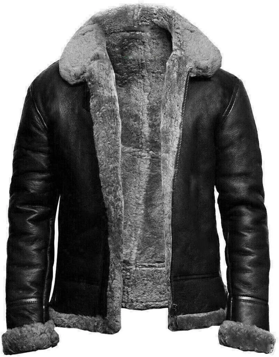 Shearling Jacket Men Faux Suede Sherpa Lined Sheepskin Jacket Aviator Flying Jacket Zip Up Bomber Winter Coat Outwear