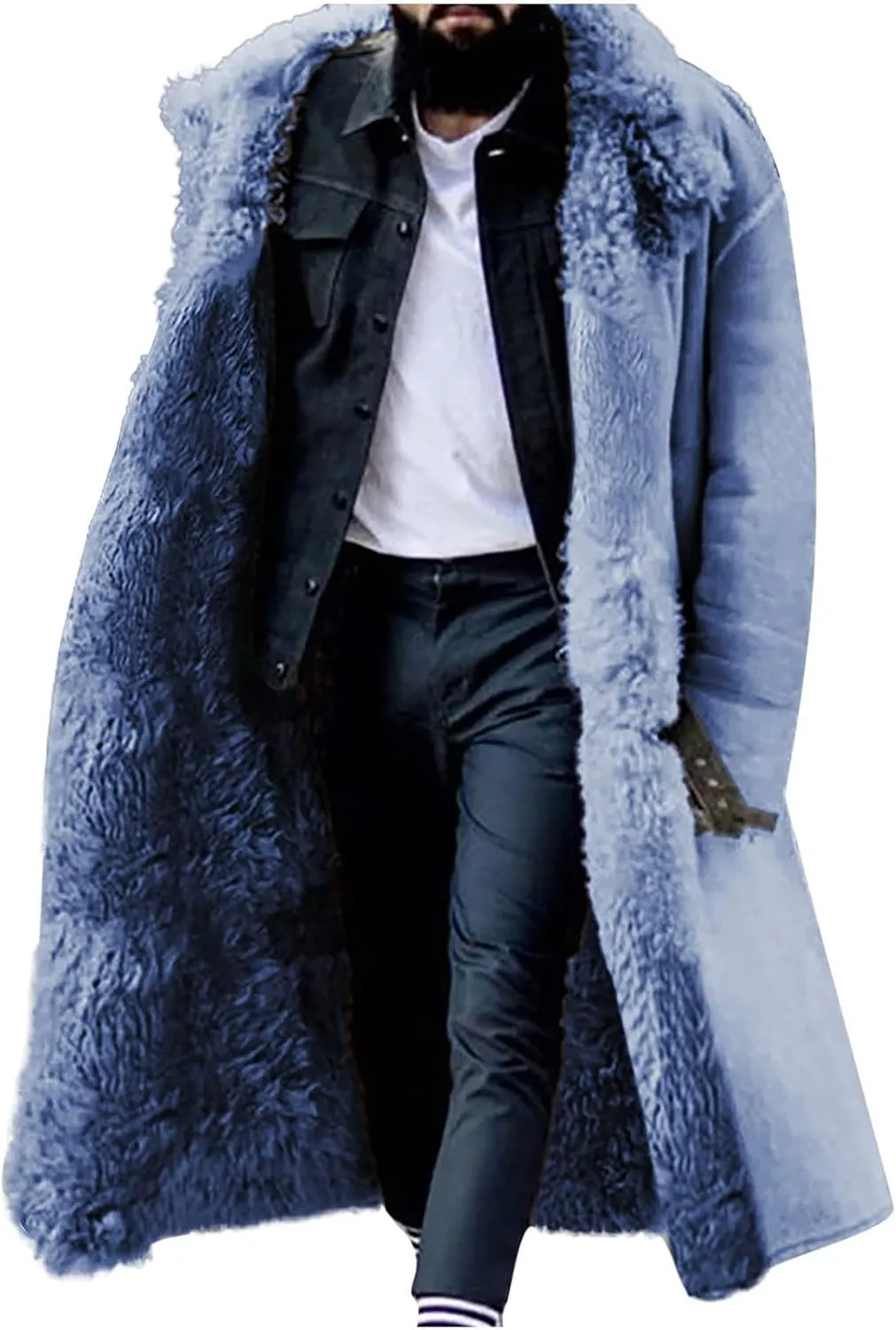 Shearling Long Coat Men Suede Sherpa Lined Long Jacke Winter Sheepskin Fleece Coat Fur Collar Jacket Trench Overcoat
