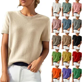 Short Sleeve Sweater for Women Crew Neck Pullover Sweaters Dressy Casual Loose Lightweight Ribbed Knit Sweater Tops