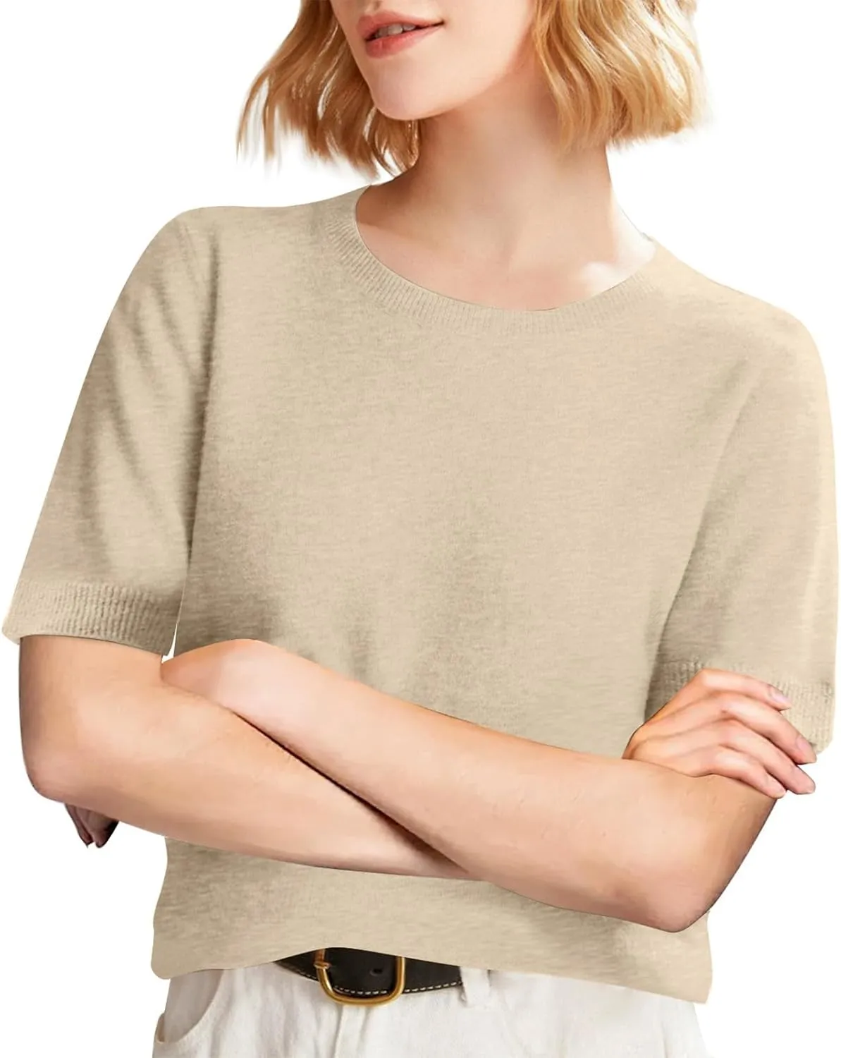 Short Sleeve Sweater for Women Crew Neck Pullover Sweaters Dressy Casual Loose Lightweight Ribbed Knit Sweater Tops
