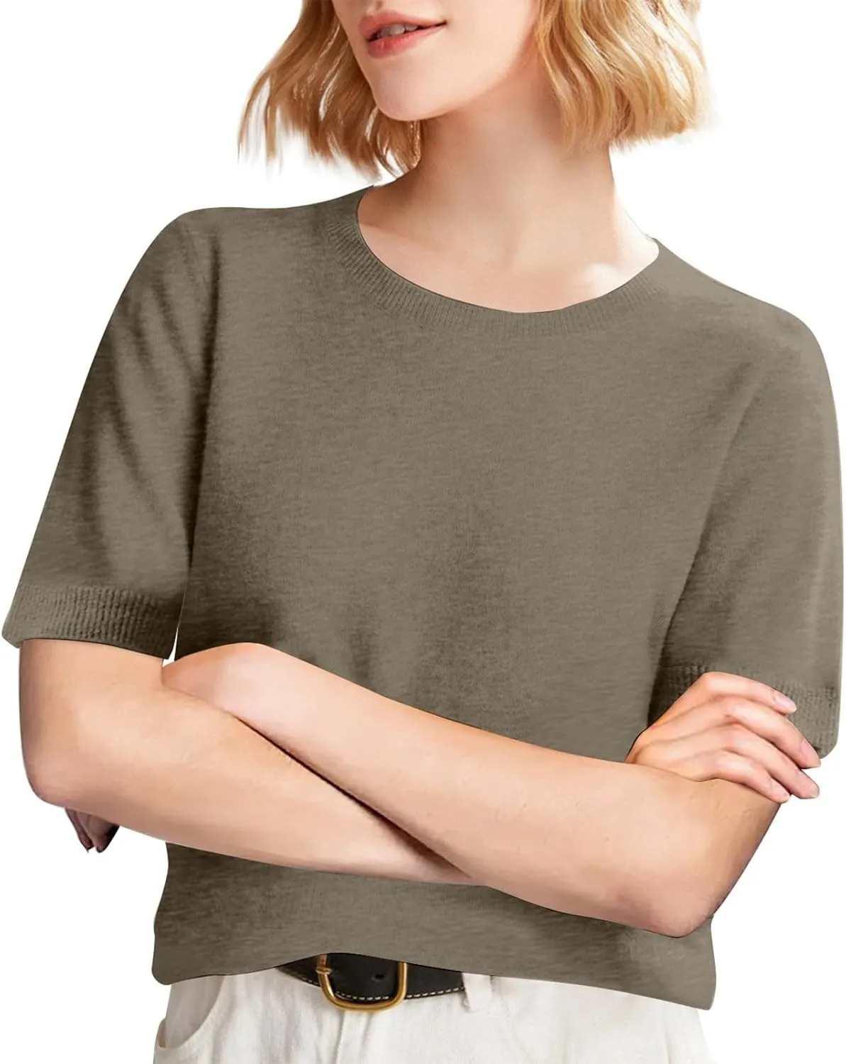 Short Sleeve Sweater for Women Crew Neck Pullover Sweaters Dressy Casual Loose Lightweight Ribbed Knit Sweater Tops