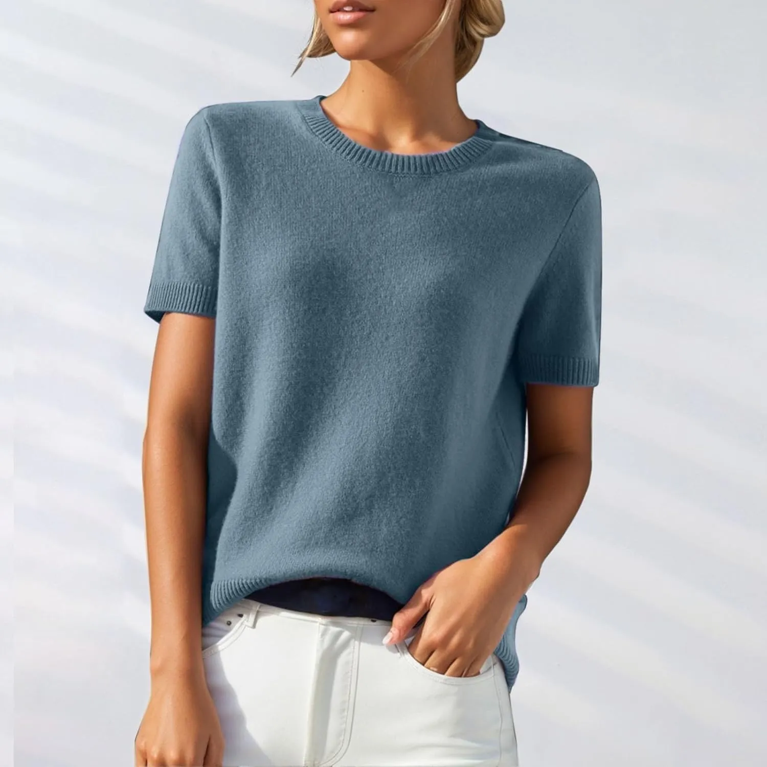 Short Sleeve Sweater for Women Crew Neck Pullover Sweaters Dressy Casual Loose Lightweight Ribbed Knit Sweater Tops
