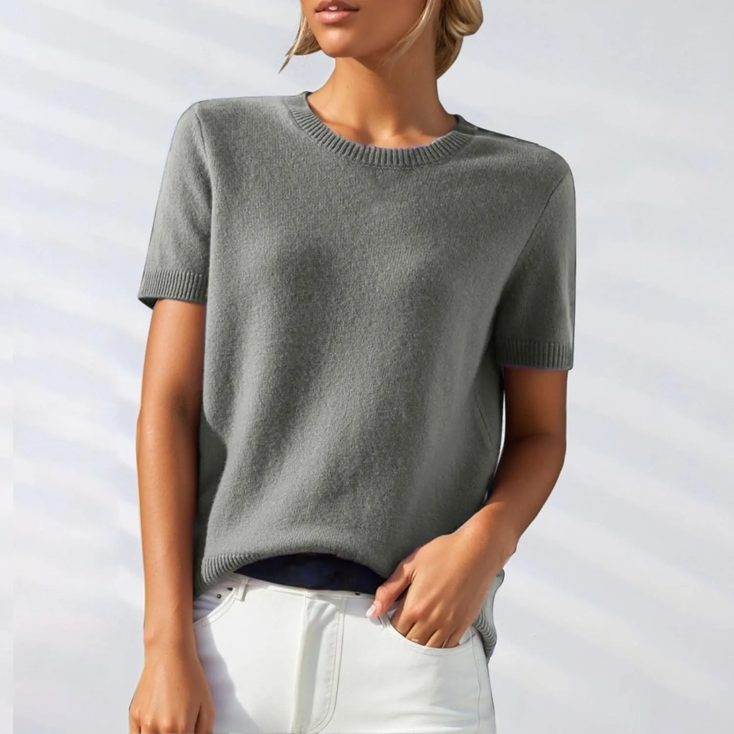 Short Sleeve Sweater for Women Crew Neck Pullover Sweaters Dressy Casual Loose Lightweight Ribbed Knit Sweater Tops