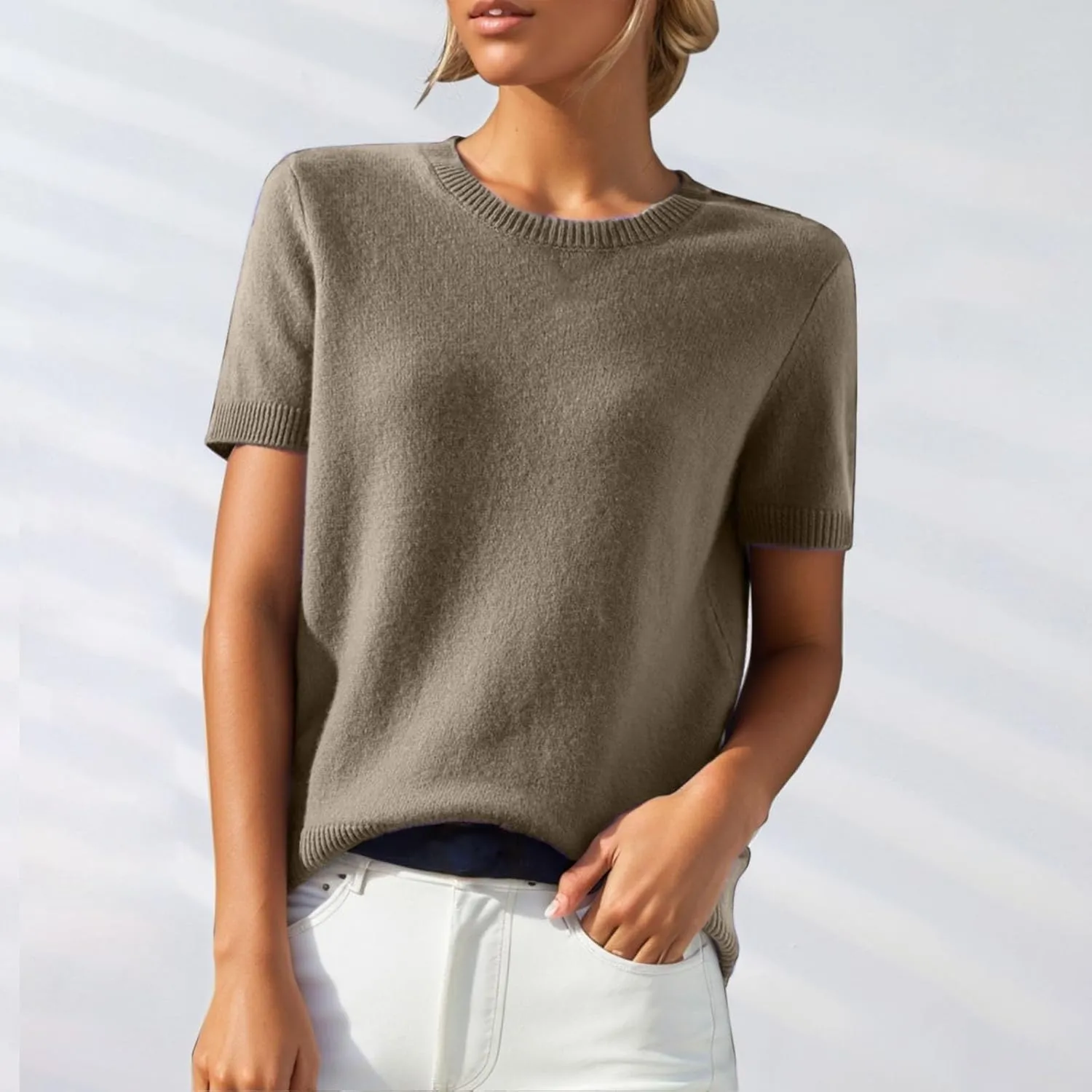 Short Sleeve Sweater for Women Crew Neck Pullover Sweaters Dressy Casual Loose Lightweight Ribbed Knit Sweater Tops