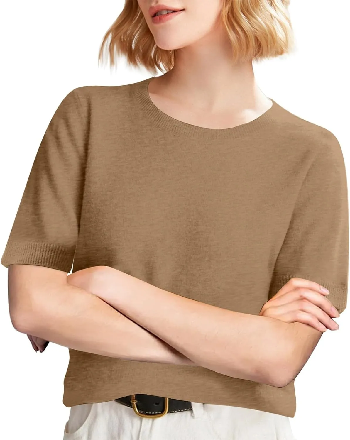 Short Sleeve Sweater for Women Crew Neck Pullover Sweaters Dressy Casual Loose Lightweight Ribbed Knit Sweater Tops