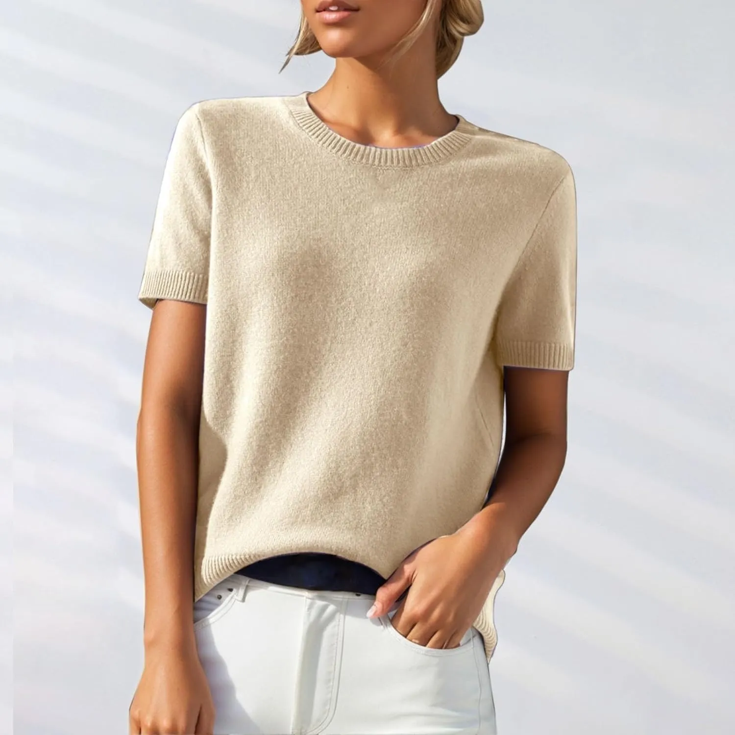 Short Sleeve Sweater for Women Crew Neck Pullover Sweaters Dressy Casual Loose Lightweight Ribbed Knit Sweater Tops