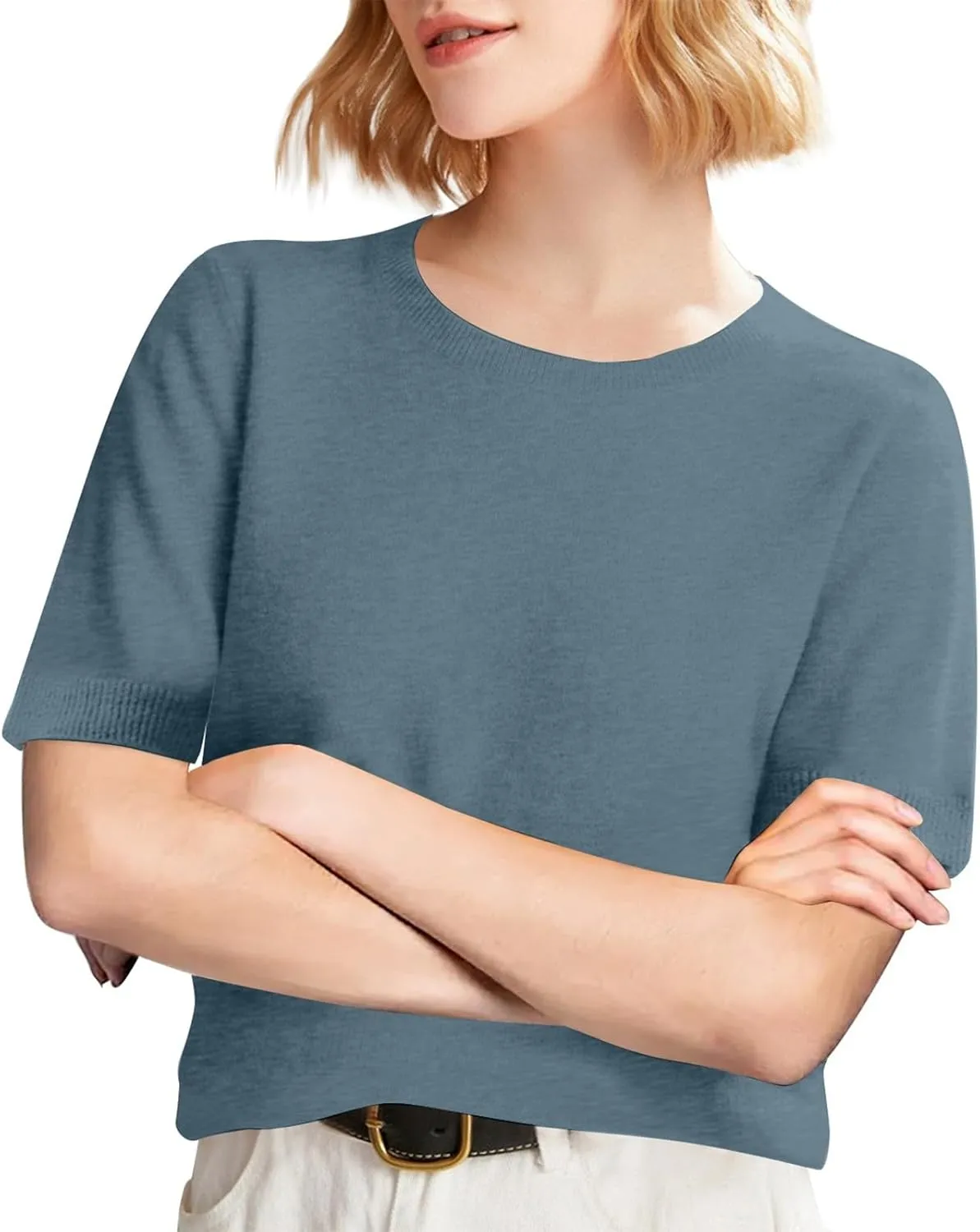 Short Sleeve Sweater for Women Crew Neck Pullover Sweaters Dressy Casual Loose Lightweight Ribbed Knit Sweater Tops