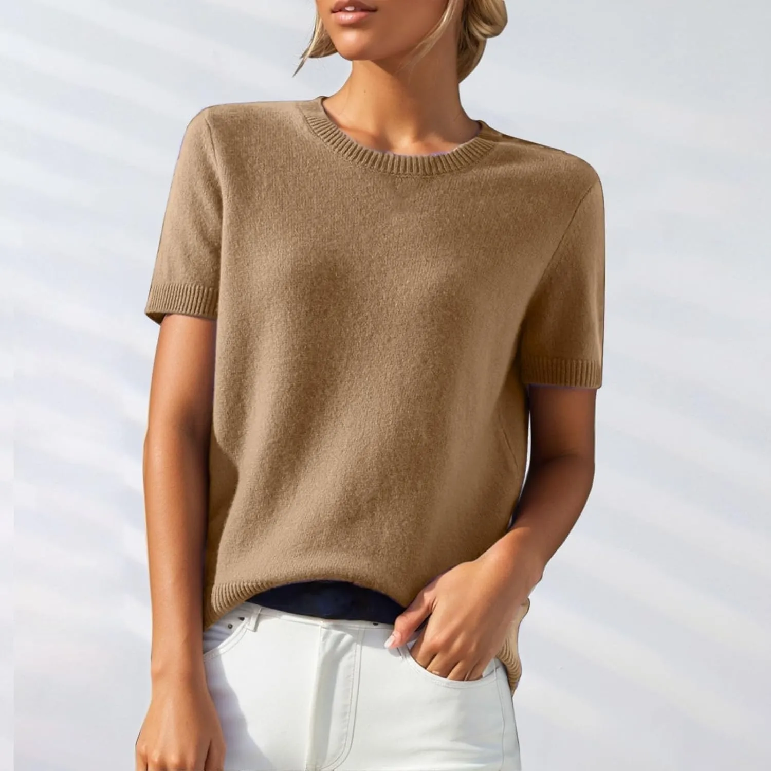 Short Sleeve Sweater for Women Crew Neck Pullover Sweaters Dressy Casual Loose Lightweight Ribbed Knit Sweater Tops