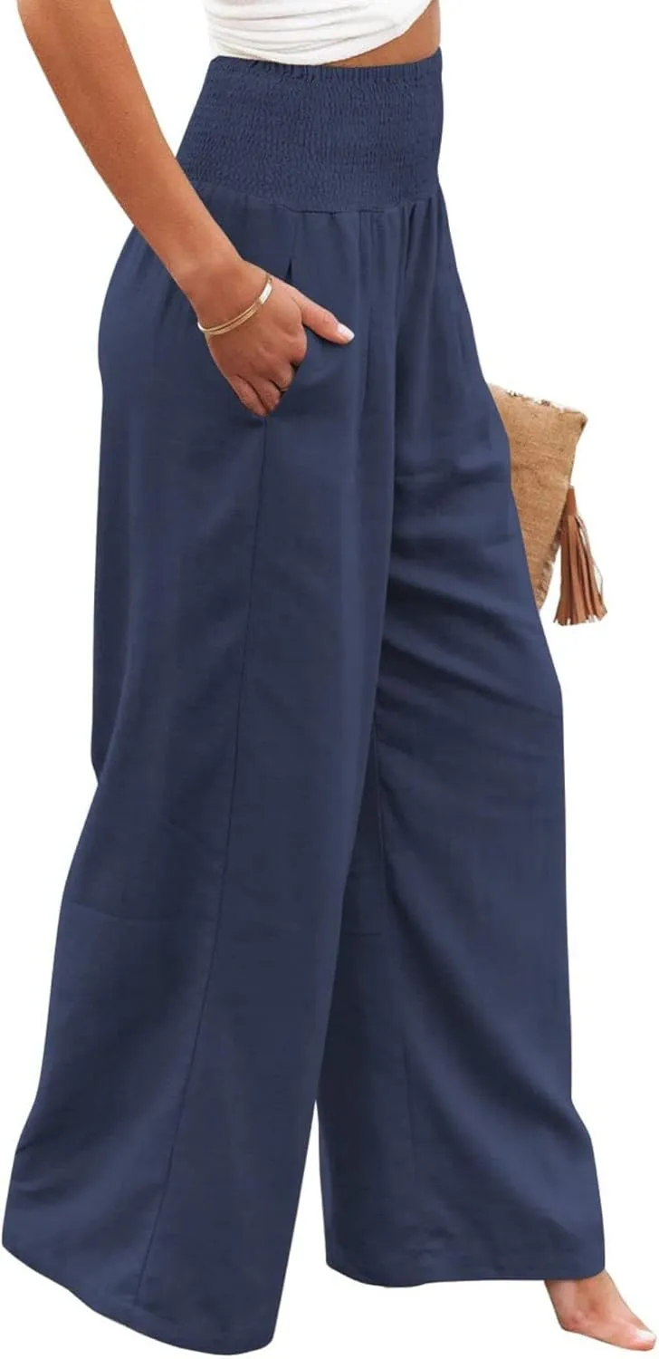 Thatrich Womens Cotton Linen Pants High Waisted Palazzo Trousers Wide Leg Lounge Bottoms Casual Beach Straight Leg Pants