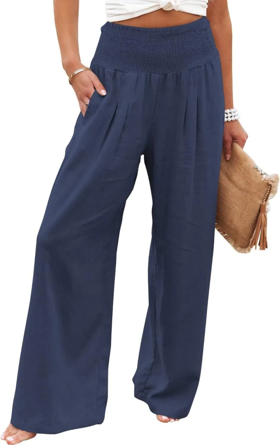 Thatrich Womens Cotton Linen Pants High Waisted Palazzo Trousers Wide Leg Lounge Bottoms Casual Beach Straight Leg Pants