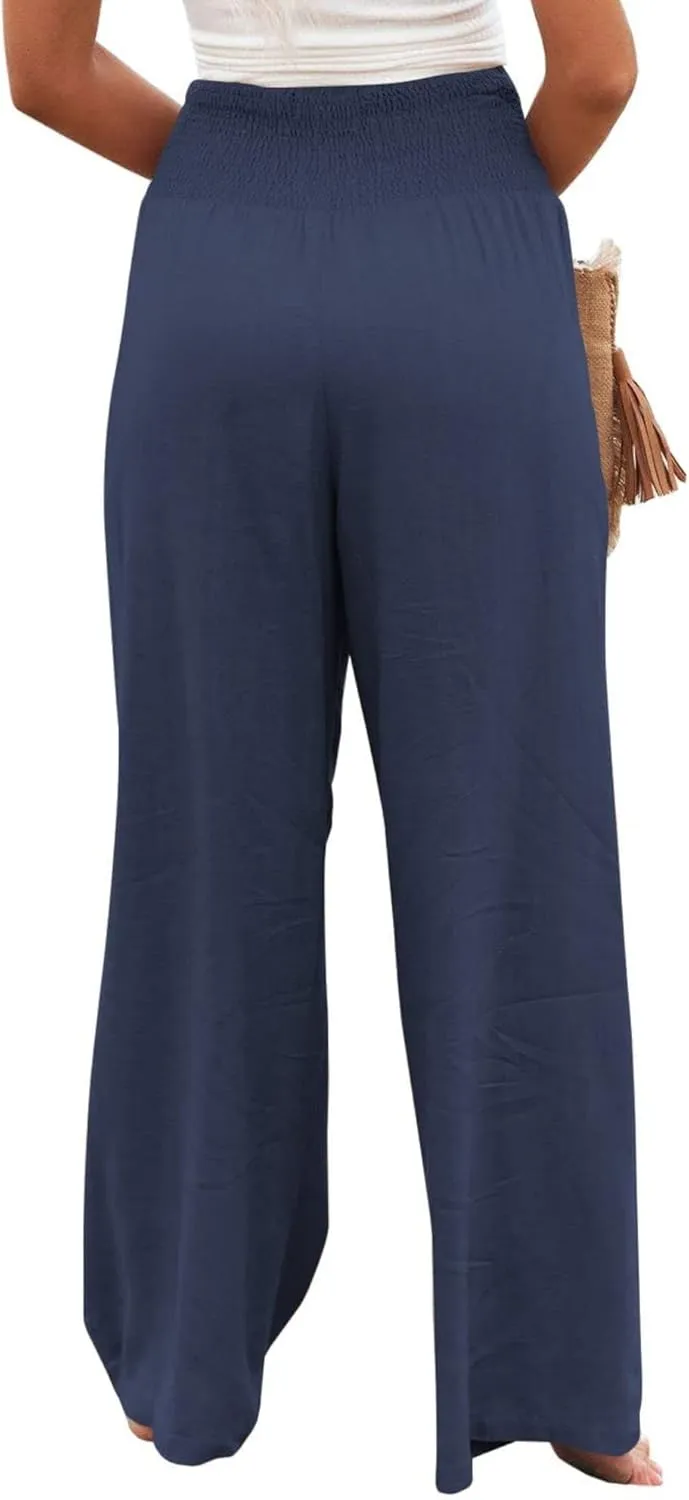 Thatrich Womens Cotton Linen Pants High Waisted Palazzo Trousers Wide Leg Lounge Bottoms Casual Beach Straight Leg Pants